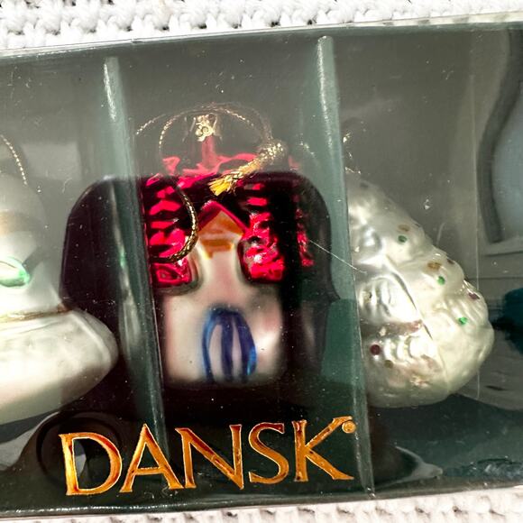 Dansk Vintage 3 Piece Glass Miniature Ornament Set Bell House Tree In Box - Picture 4 of 6